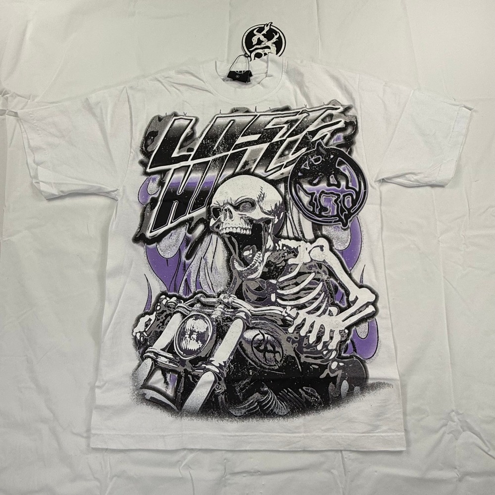Lost Hills Skeleton Motorcycle Graphic T-Shirt White Purple Mens Small NWT USA